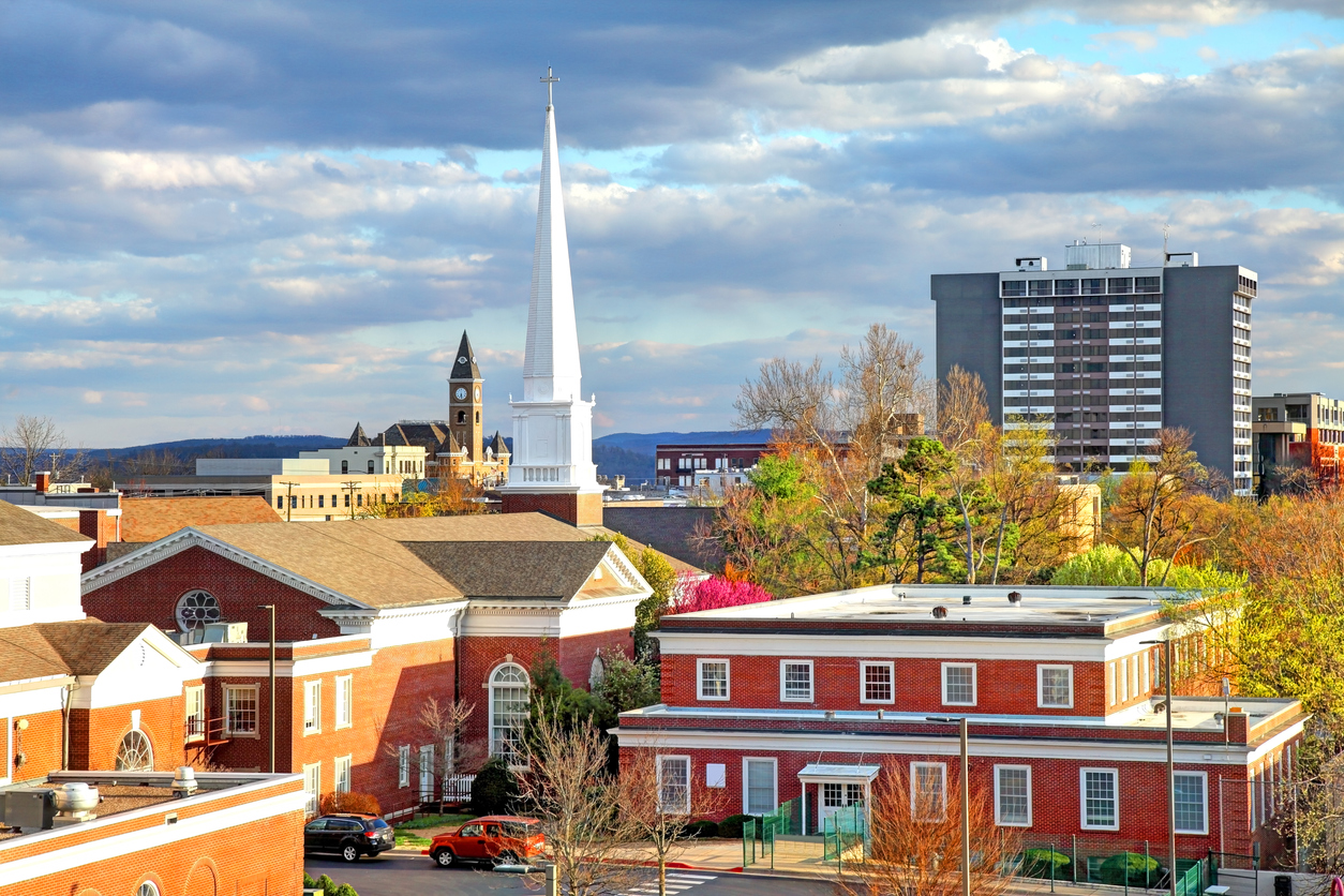 Aerial view of downtown Fayetteville buildings in Spring