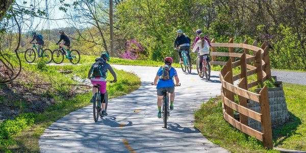 Cyclists riding through woods on paved bike trail