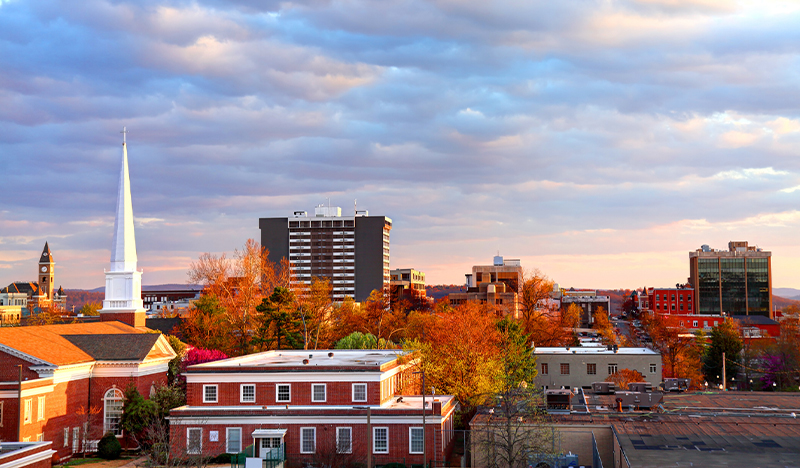 Aerial view of buildings in downtown Fayetteville